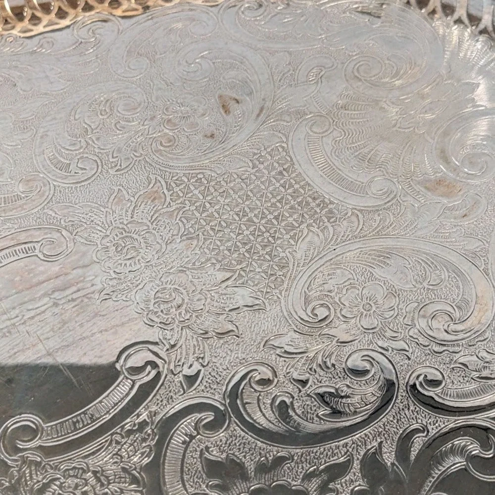 Vtg Oneida Silver Plated Oval Serving Tray Etched Floral Pierced Gallery Rim 15